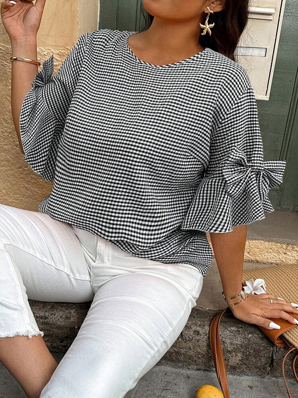 Bowknot Hollow Plaid Pleated Split-Joint Loose Half Sleeves Round-neck Blouses&shirts Tops