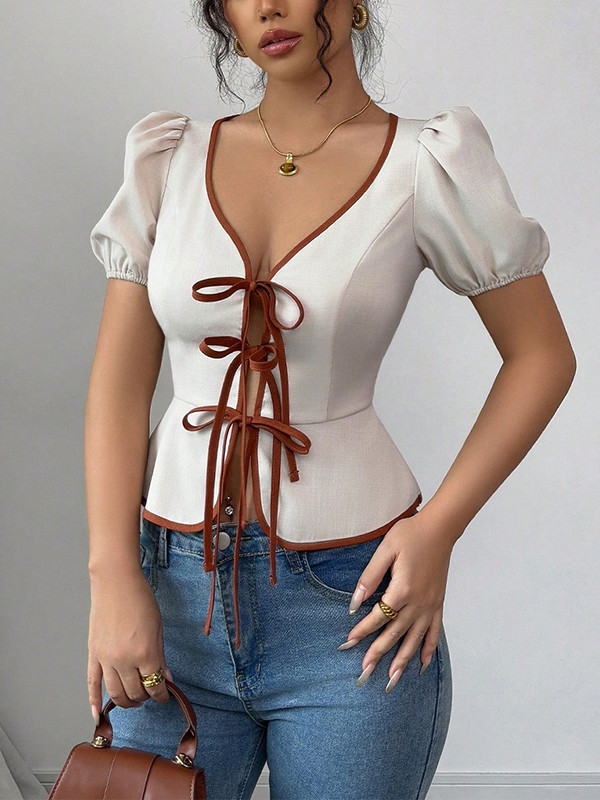 Elasticity Pleated Tied Loose Puff Sleeves V-Neck Blouses&Shirts Tops