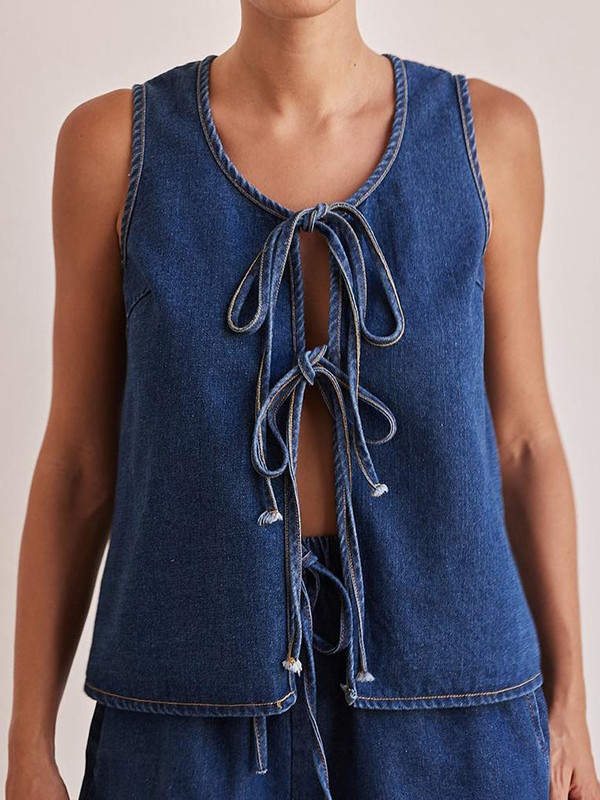 Lace-Up Split-Joint Loose Sleeveless Round-neck Vest Top