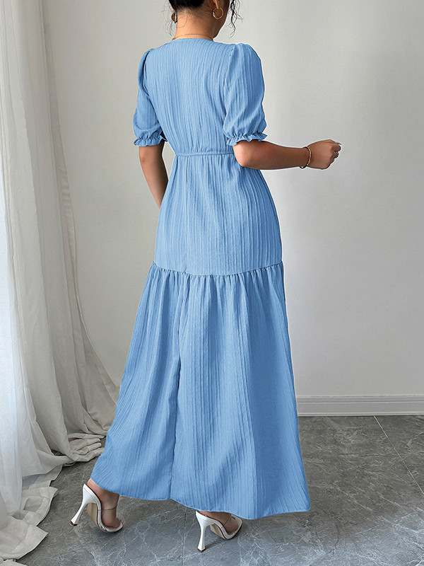 Pleated Solid Color Split-Front Half Sleeves High Waisted V-Neck Maxi Dresses