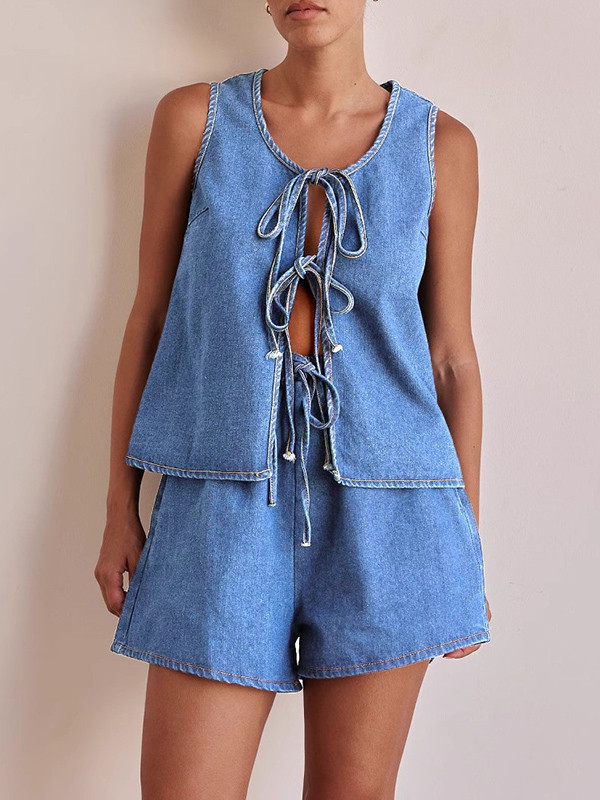 Women's Loose Round Neck Vest + Shorts Two-piece Set