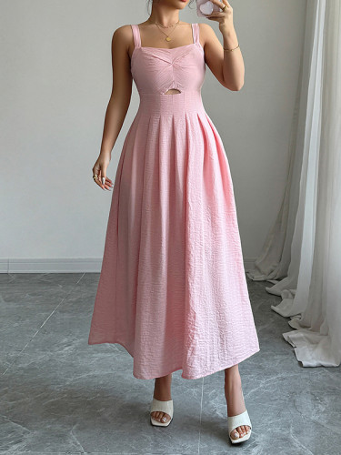 Backless Hollow Pleated Solid Color Zipper A-line High Waisted Spaghetti-Neck Midi Dresses
