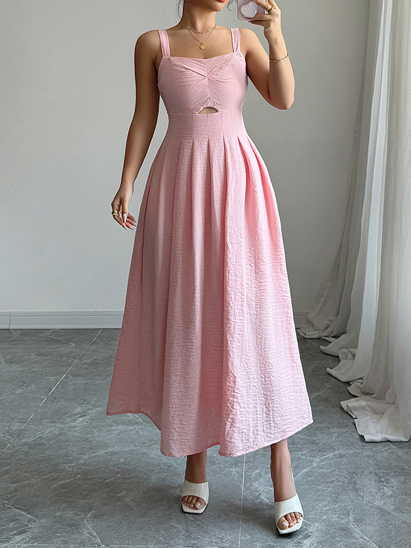 Backless Hollow Pleated Solid Color Zipper A-line High Waisted Spaghetti-Neck Midi Dresses