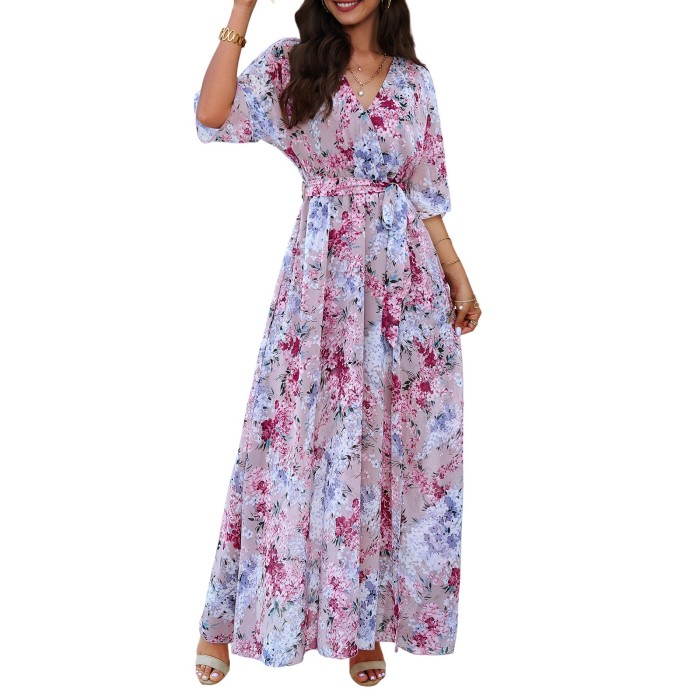Women’s Floral Print V-Neck Half Sleeve Split Elegant Slim Waist Dress