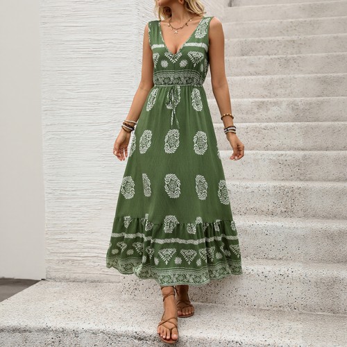 Women’s Sexy Deep V-Neck Vintage Print Sleeveless Maxi Dress