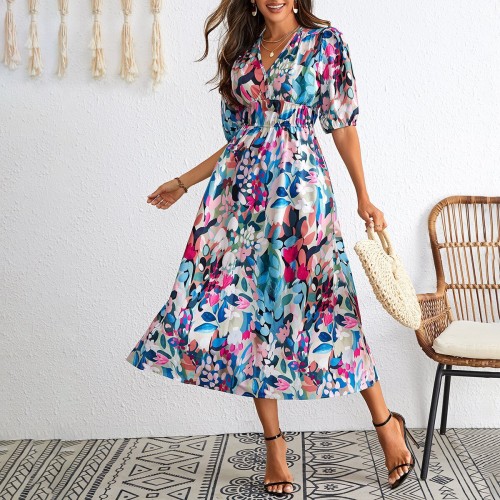 Women’s Vacation Style Boho V-Neck Printed Midi Dress
