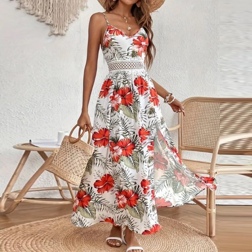 Women’s Elegant Floral Lace Spliced Suspender Maxi Dress
