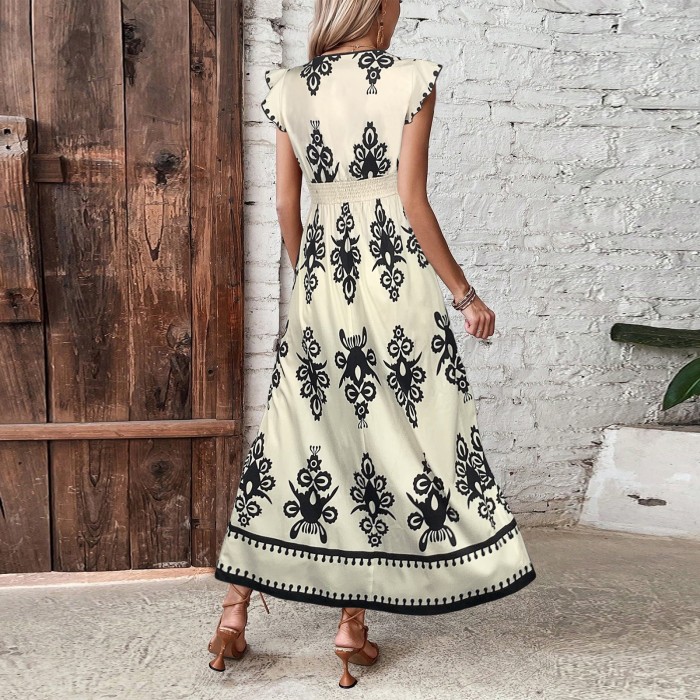 Women’s Summer Printed V-Neck High Waist Split Beach Dress