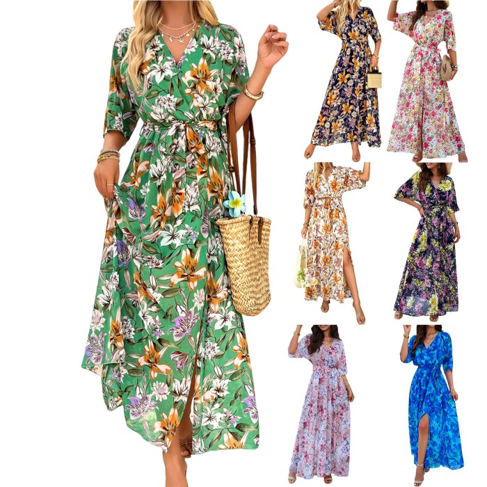 Women’s Floral Print V-Neck Half Sleeve Split Elegant Slim Waist Dress