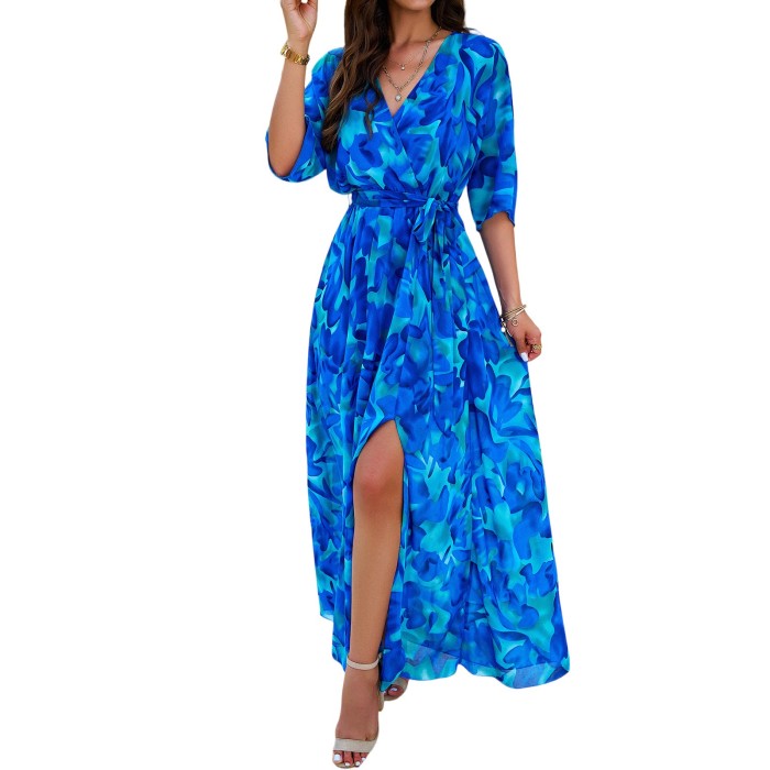 Women’s Floral Print V-Neck Half Sleeve Split Elegant Slim Waist Dress