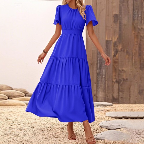 Women’s Solid Color Round Neck Loose Casual Layered Ruffled Hem Long Dress