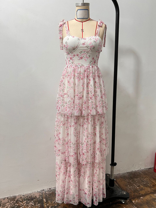 Women’s Casual Pink Floral Sleeveless Tiered Maxi Dress