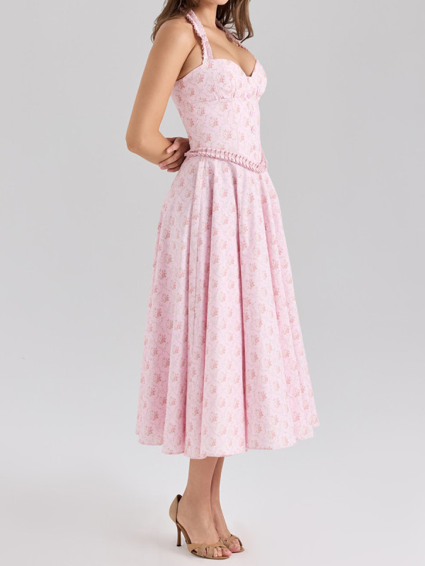 Women’s Floral Print Ruffle Halter Backless A-Line Midi Dress