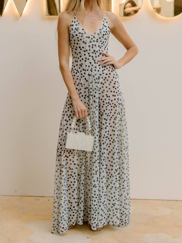 Women’s Sheer Polka Dot Mesh V-Neck Sleeveless Maxi Dress