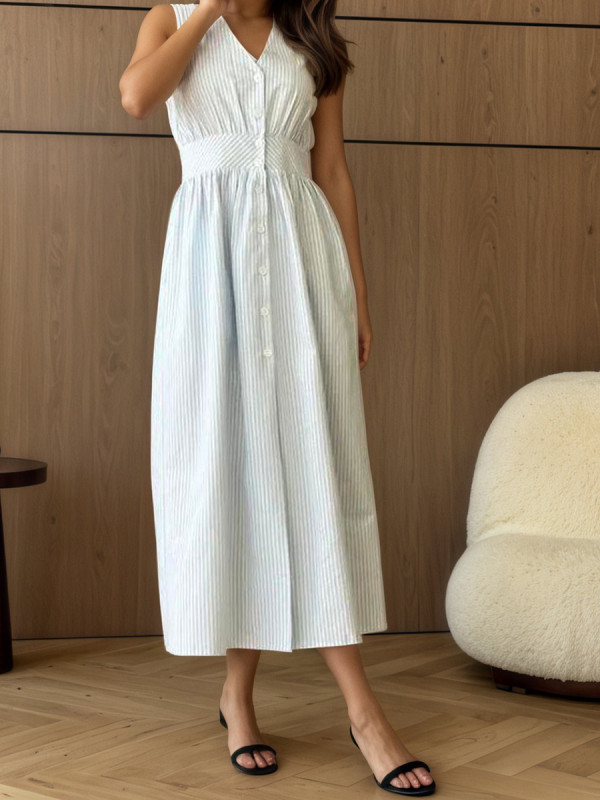 Women’s Elegant Light Blue Striped Sleeveless Midi Dress