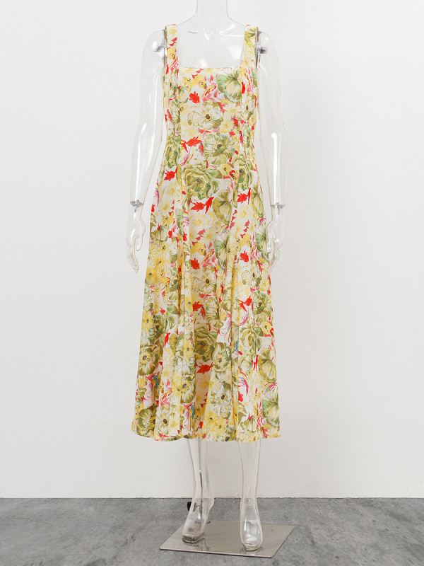 Women’s Floral Print Square Neck Sleeveless A-Line Midi Dress