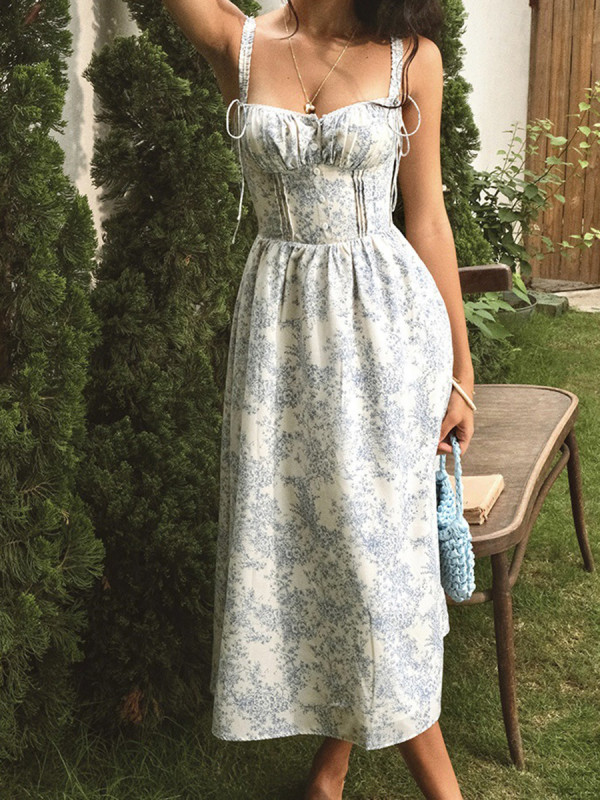 Women’s Elegant Floral Print Buttoned Lace-Up Midi Dress