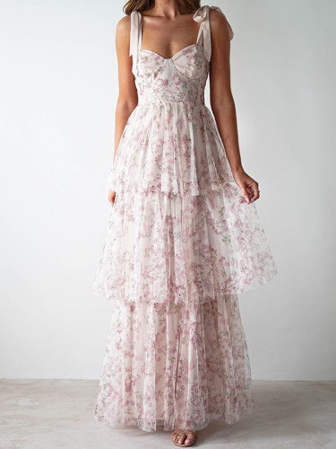 Women’s Casual Pink Floral Sleeveless Tiered Maxi Dress