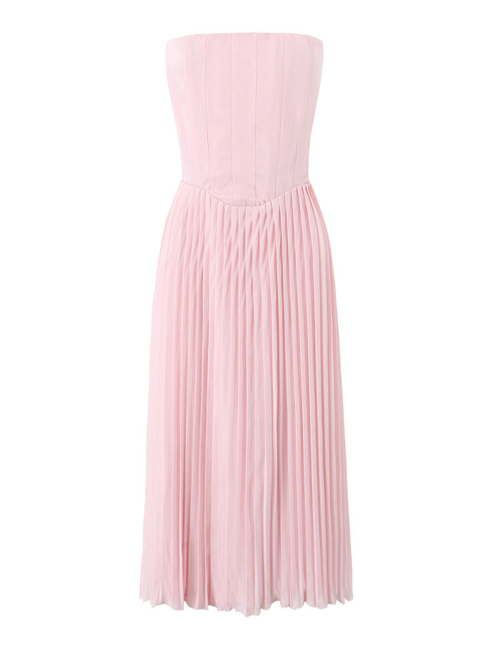 Women’s Pink Strapless Pleated Off-Shoulder Lace-Up A-Line Midi Dress