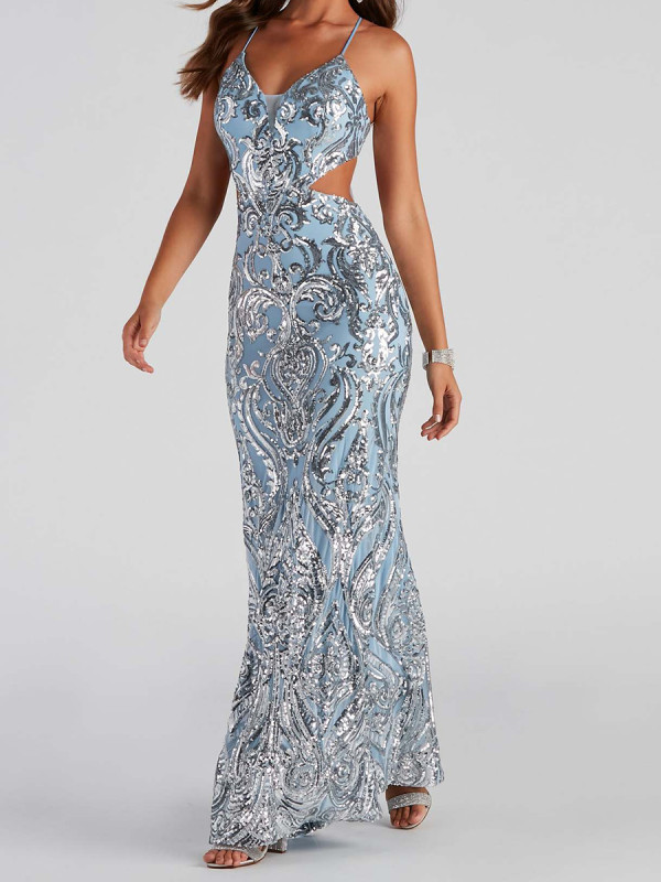 Women’s Floral Sequin V-Neck Backless Elegant Maxi Dress