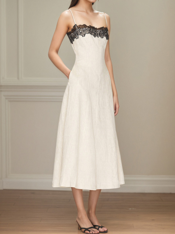 Women’s Fashion Lace Patchwork Sleeveless Midi Dress
