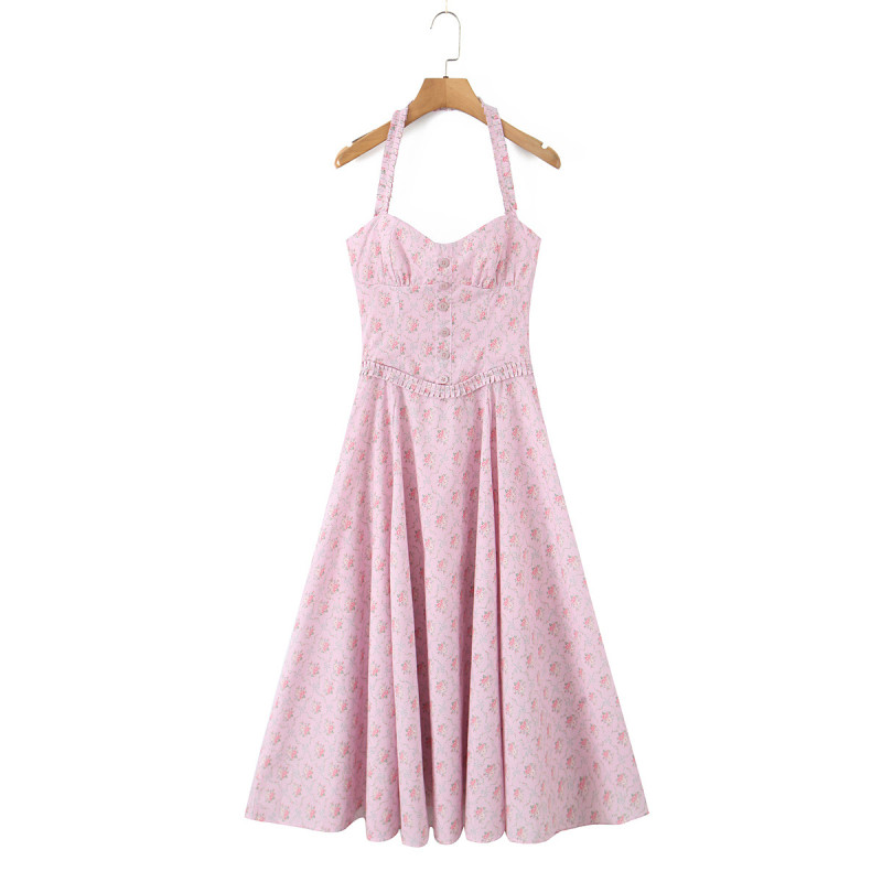 Women’s Floral Print Ruffle Halter Backless A-Line Midi Dress