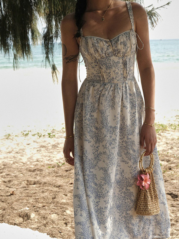 Women’s Elegant Floral Print Buttoned Lace-Up Midi Dress