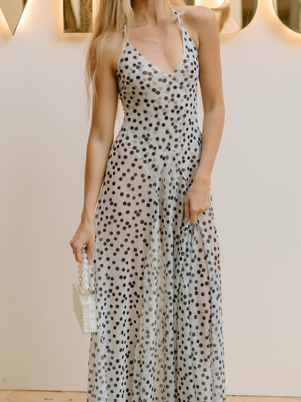 Women’s Sheer Polka Dot Mesh V-Neck Sleeveless Maxi Dress