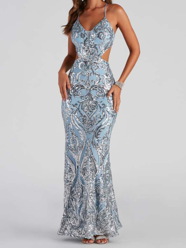 Women’s Floral Sequin V-Neck Backless Elegant Maxi Dress