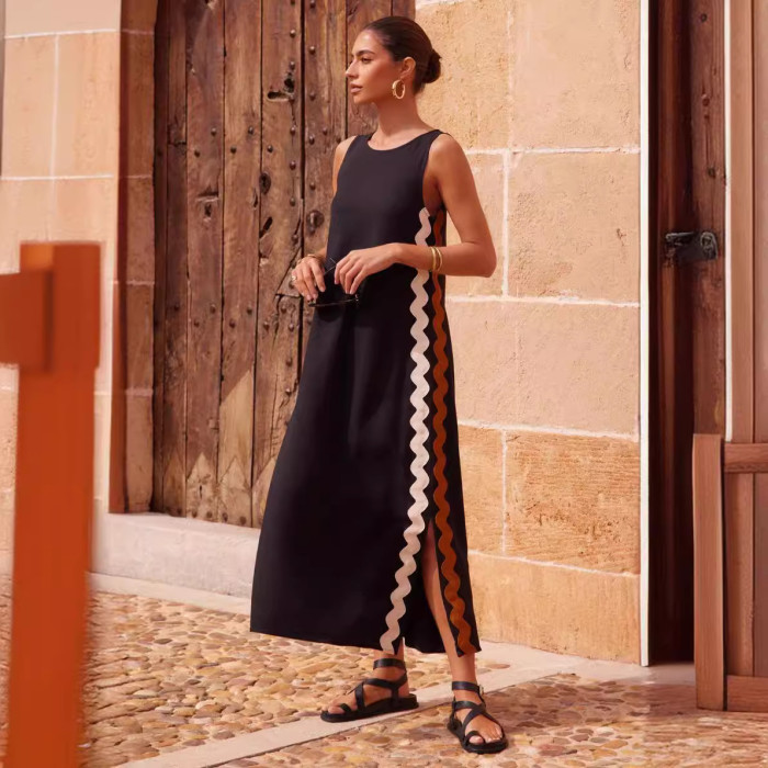 Women’s Casual Solid Color Loose Spliced Long Vest Dress
