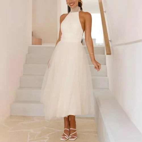 Women’s Ball Gown Style Halter Backless Sleeveless V-Neck Slim Fit Midi Dress
