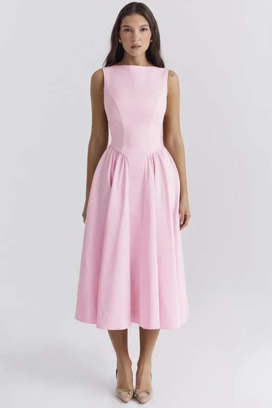 Women’s Fashion Sleeveless Round Neck A-Line Pleated Midi Dress
