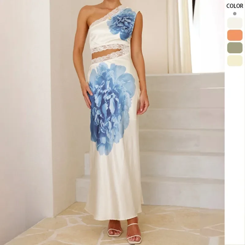 Women’s Sexy Printed Bandage Sleeveless One-Shoulder Maxi Dress