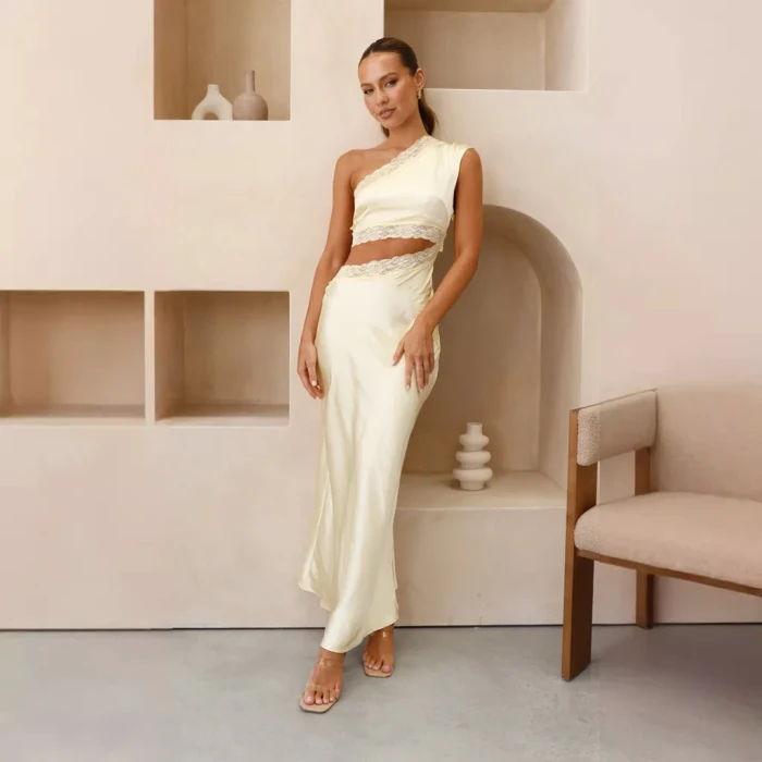 Women’s Sexy Printed Bandage Sleeveless One-Shoulder Maxi Dress