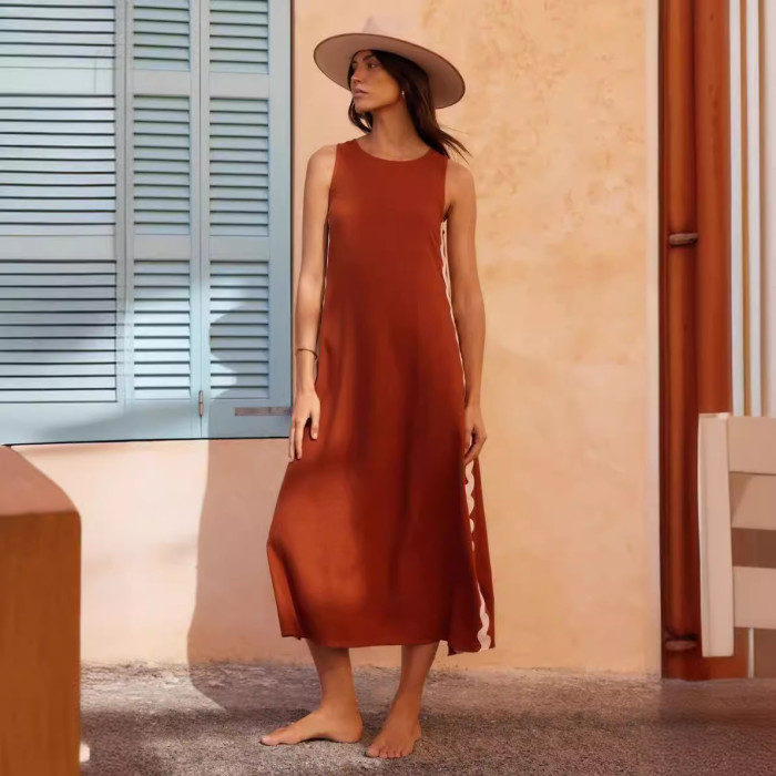 Women’s Casual Solid Color Loose Spliced Long Vest Dress