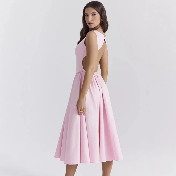 Women’s Fashion Sleeveless Round Neck A-Line Pleated Midi Dress