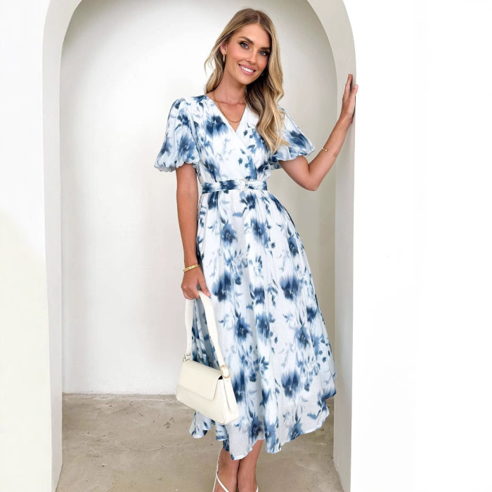 Women’s Summer Printed V-Neck Puff Sleeve Midi Dress