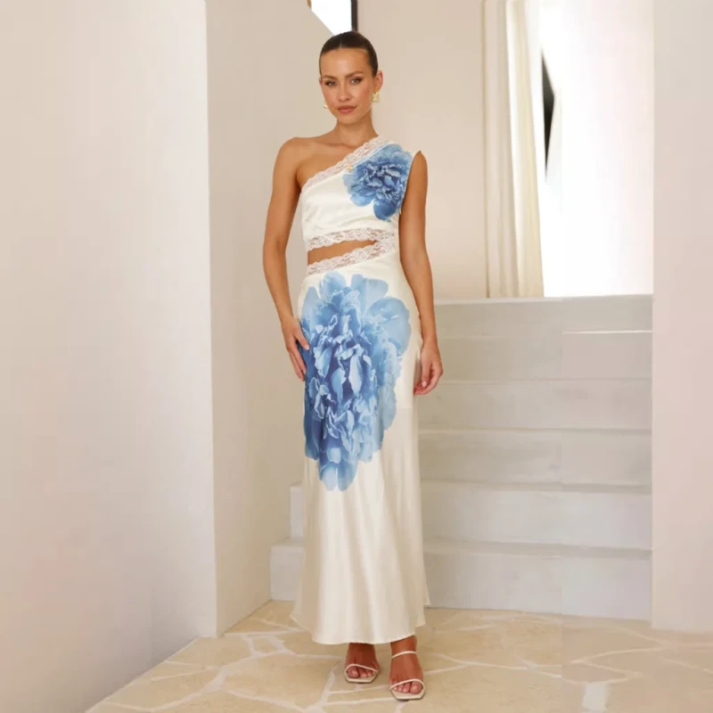 Women’s Sexy Printed Bandage Sleeveless One-Shoulder Maxi Dress