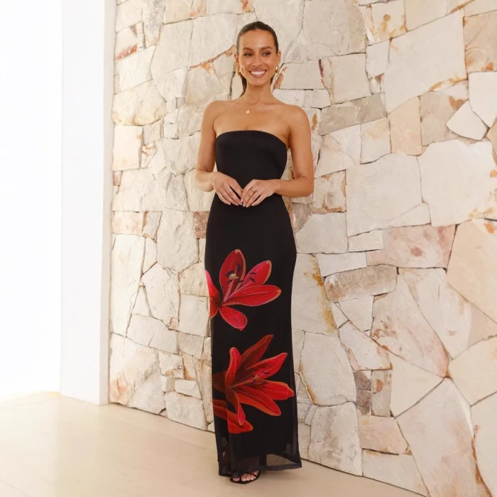 Women’s Festival Lace-Up Strapless Floral Bodycon Maxi Dress