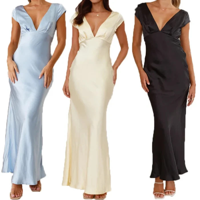 Women’s Sexy Deep V-Neck Slim Fit Sleeveless Maxi Dress