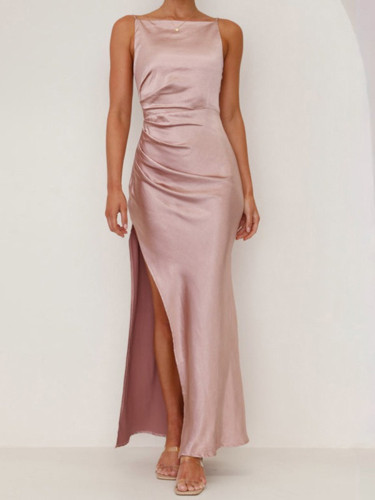 Women’s Solid Color Sleeveless Backless Split Strap Maxi Dress