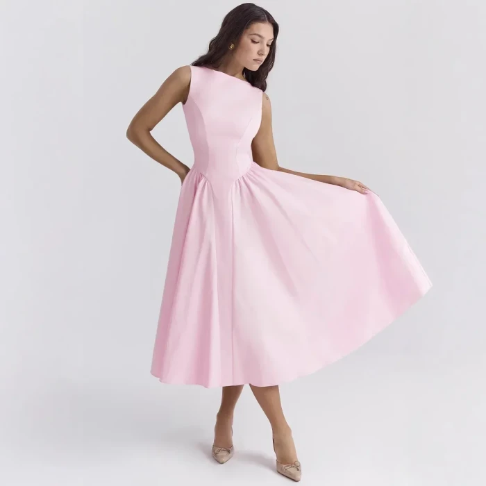Women’s Fashion Sleeveless Round Neck A-Line Pleated Midi Dress