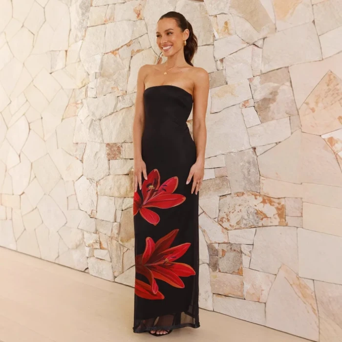 Women’s Festival Lace-Up Strapless Floral Bodycon Maxi Dress