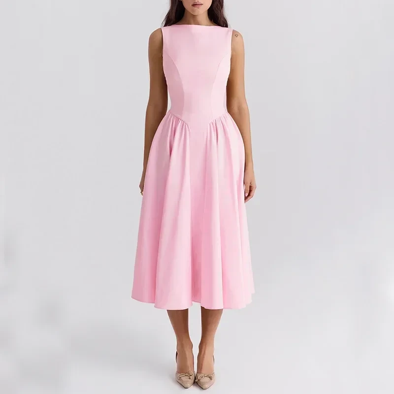 Women’s Fashion Sleeveless Round Neck A-Line Pleated Midi Dress