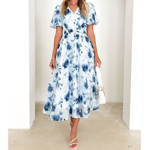 Women’s Summer Printed V-Neck Puff Sleeve Midi Dress