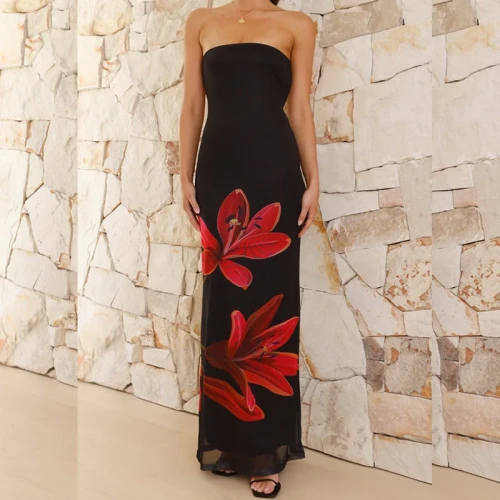 Women’s Festival Lace-Up Strapless Floral Bodycon Maxi Dress
