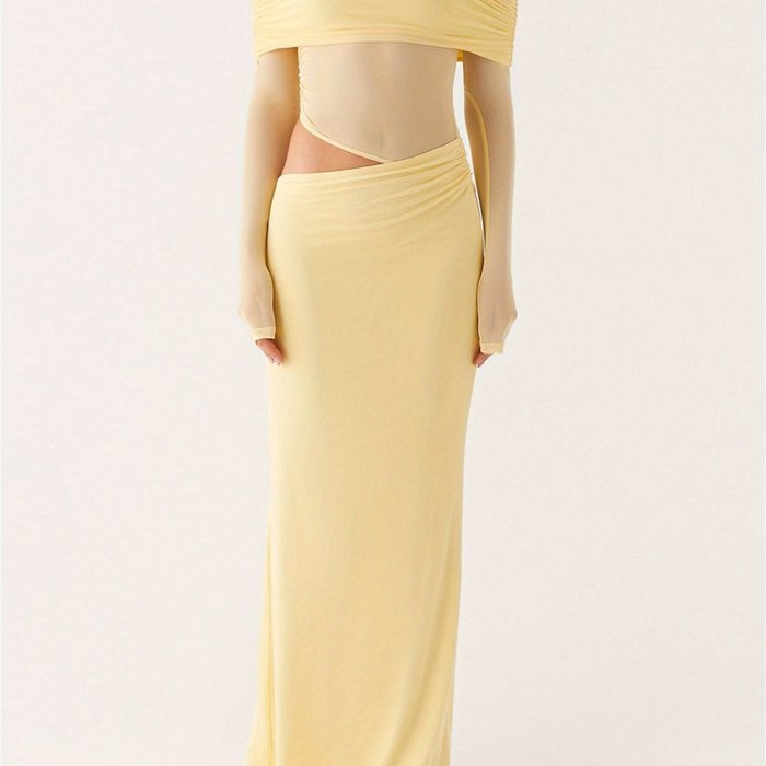 Women’s Long Sleeve Off-Shoulder Mesh Ruched Bodycon Maxi Dress