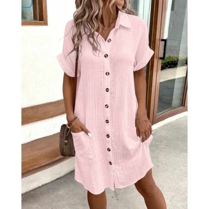Women’s Casual Lapel Button Pocket Mini Dress