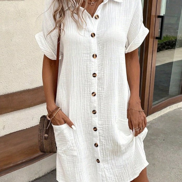 Women’s Casual Lapel Button Pocket Mini Dress