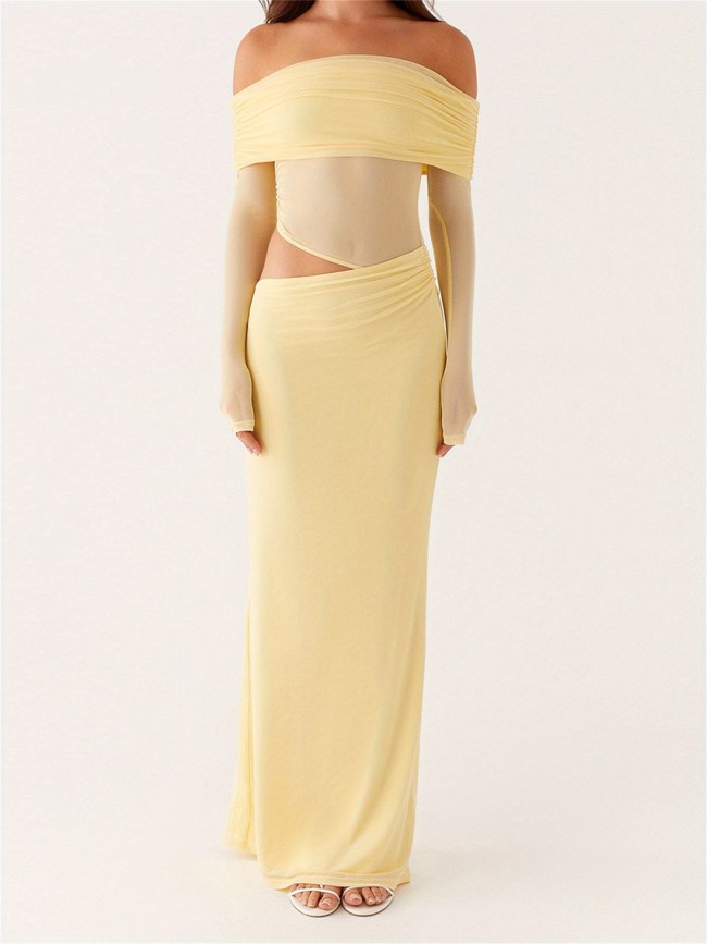 Women’s Long Sleeve Off-Shoulder Mesh Ruched Bodycon Maxi Dress